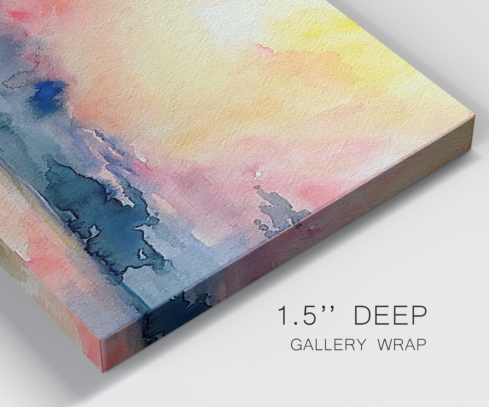 Close-up view of wrapped canvas corner featuring prismatic watercolor coastal seascape.