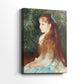 Side view of a canvas art print of a classic portrait with a calm expression and soft lighting, showing gallery-wrapped depth.