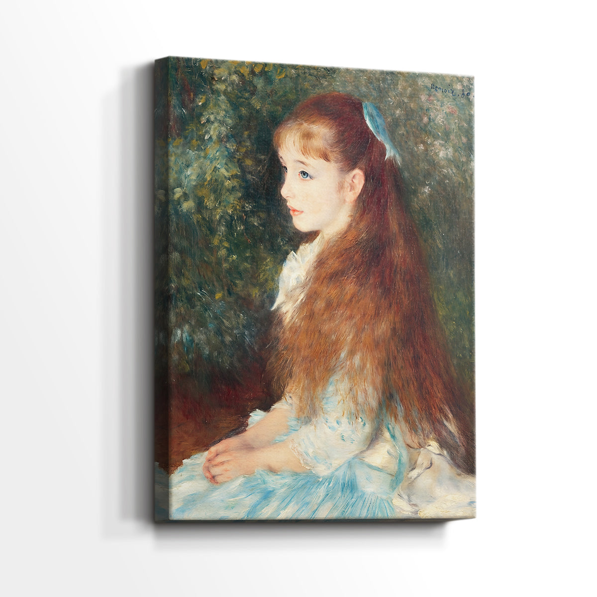 Side view of a canvas art print of a classic portrait with a calm expression and soft lighting, showing gallery-wrapped depth.