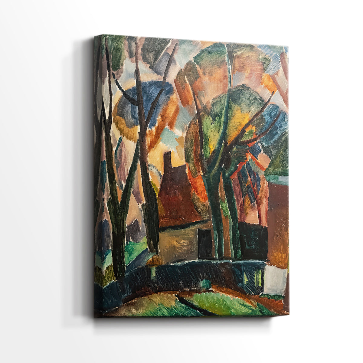 Side view of a canvas art print of a modern landscape with simplified shapes and strong contrast, showing gallery-wrapped depth.