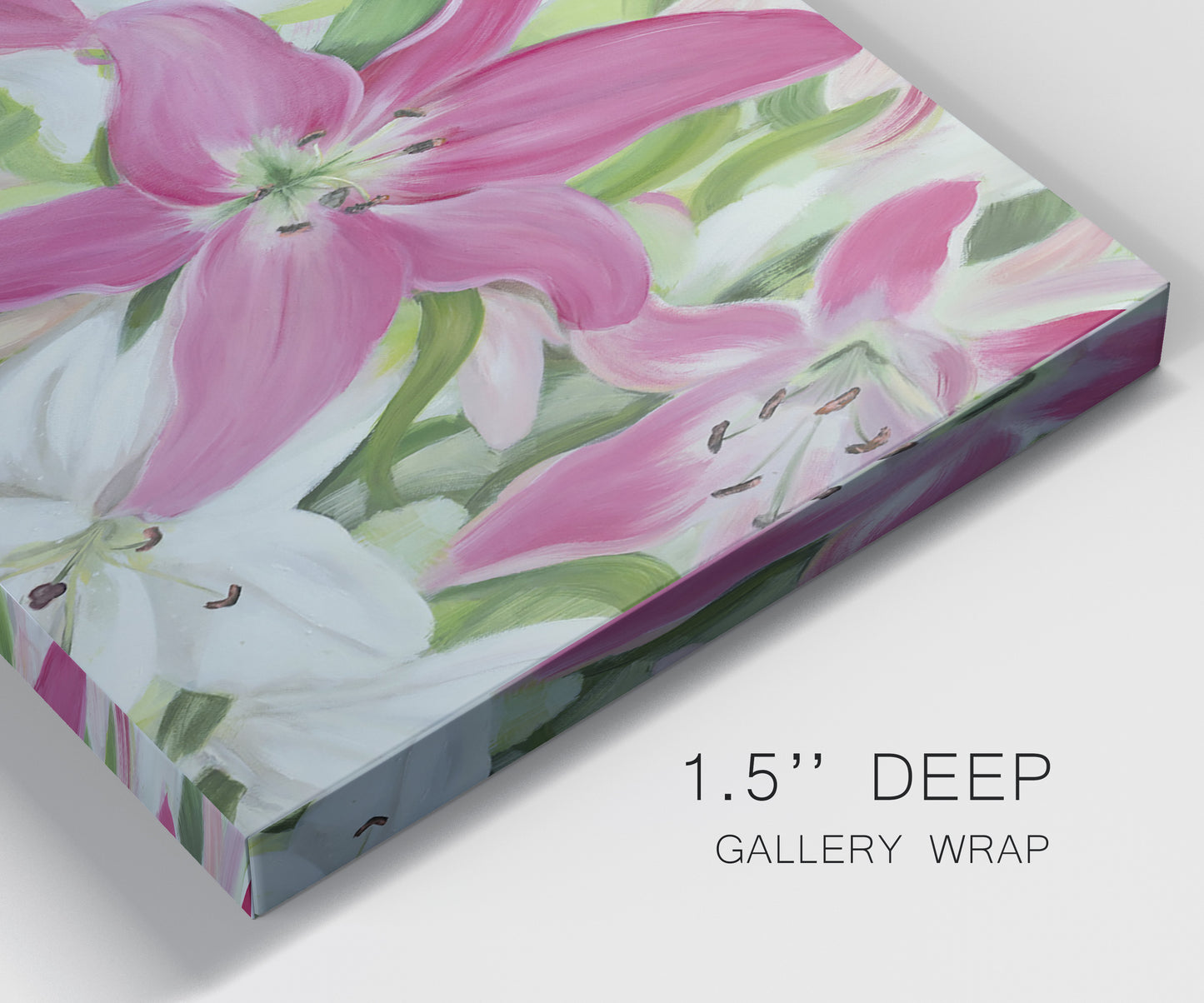 Close-up view of wrapped canvas corner featuring pink and white lilies in bloom.