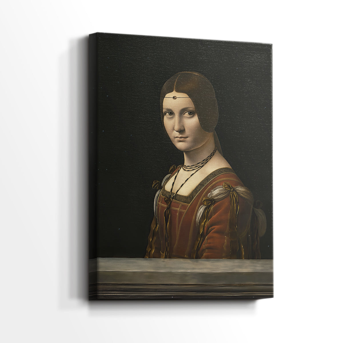Side view of a canvas art print of a composed portrait with subtle shading and calm expression, showing gallery-wrapped depth.