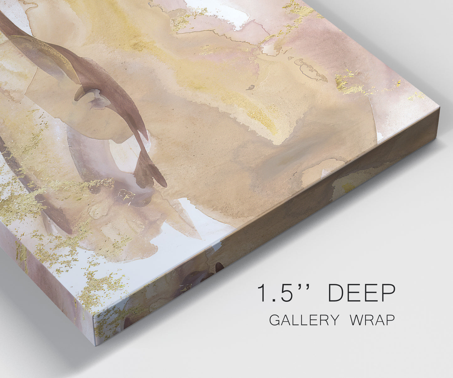 Close-up view of wrapped canvas corner featuring layered abstract dawn tones.
