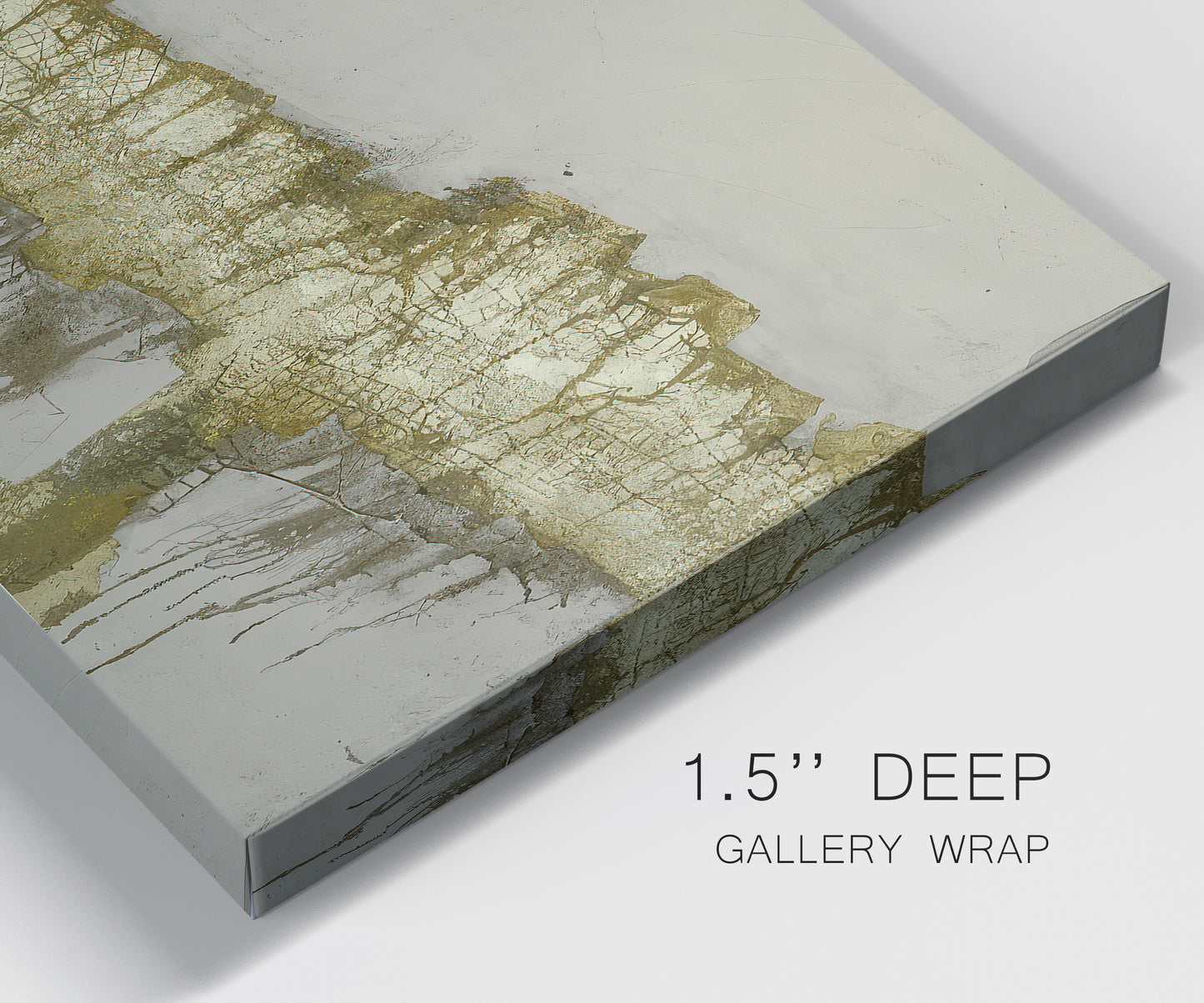 Close-up view of wrapped canvas corner featuring gold accented abstract ravine.