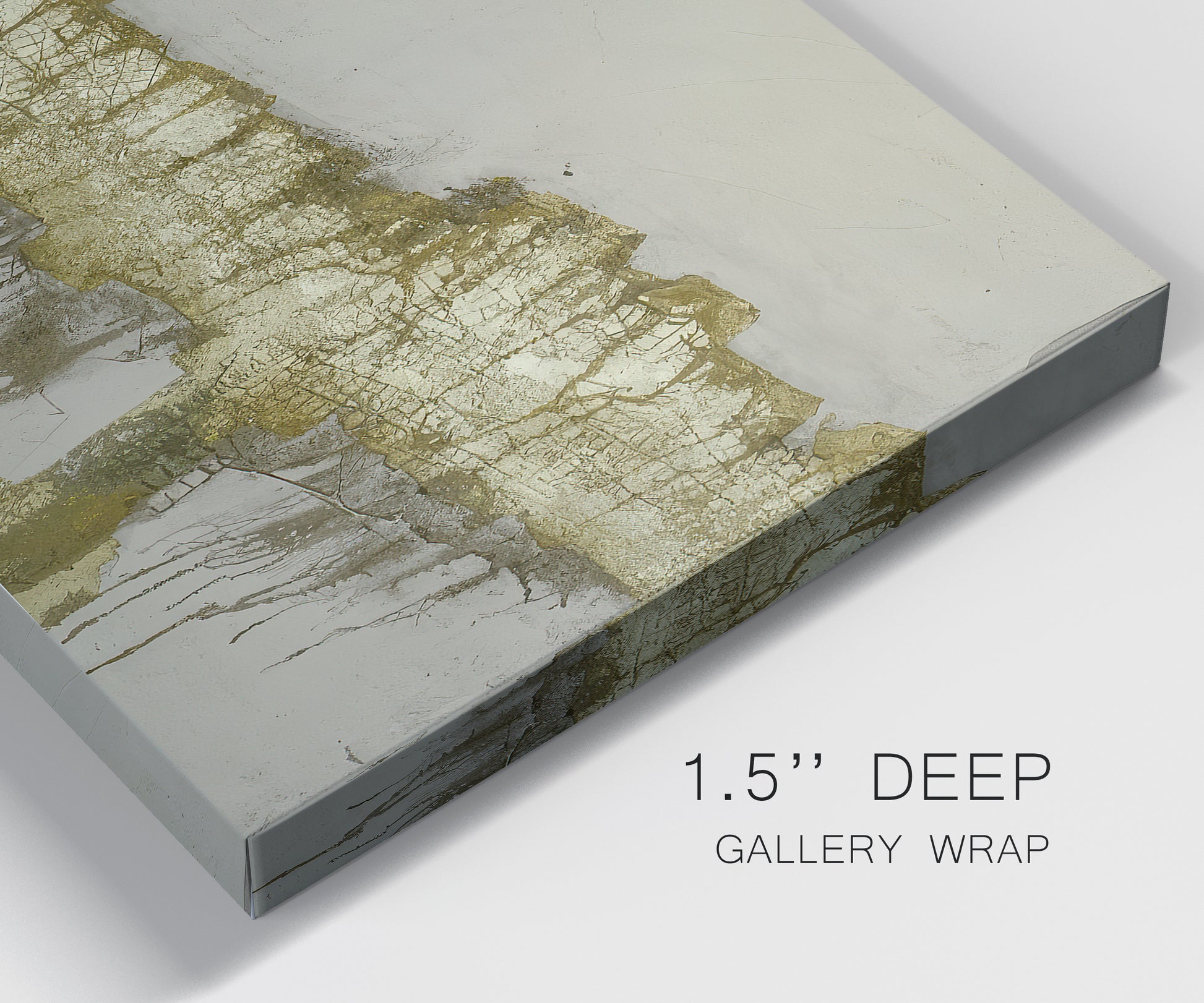 Close-up view of wrapped canvas corner featuring gold accented abstract ravine.