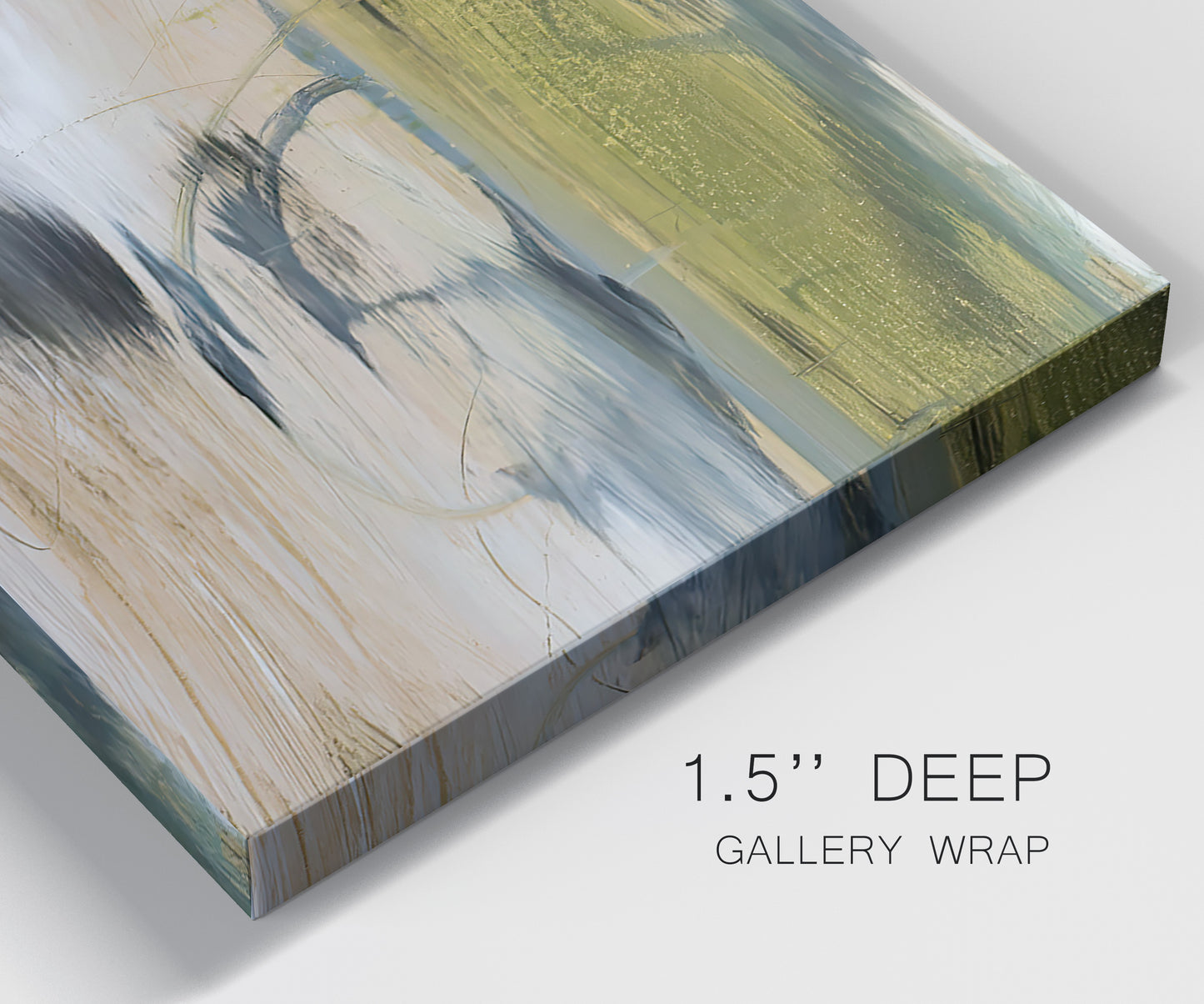 Close-up view of wrapped canvas corner featuring minimal abstract water reflections.