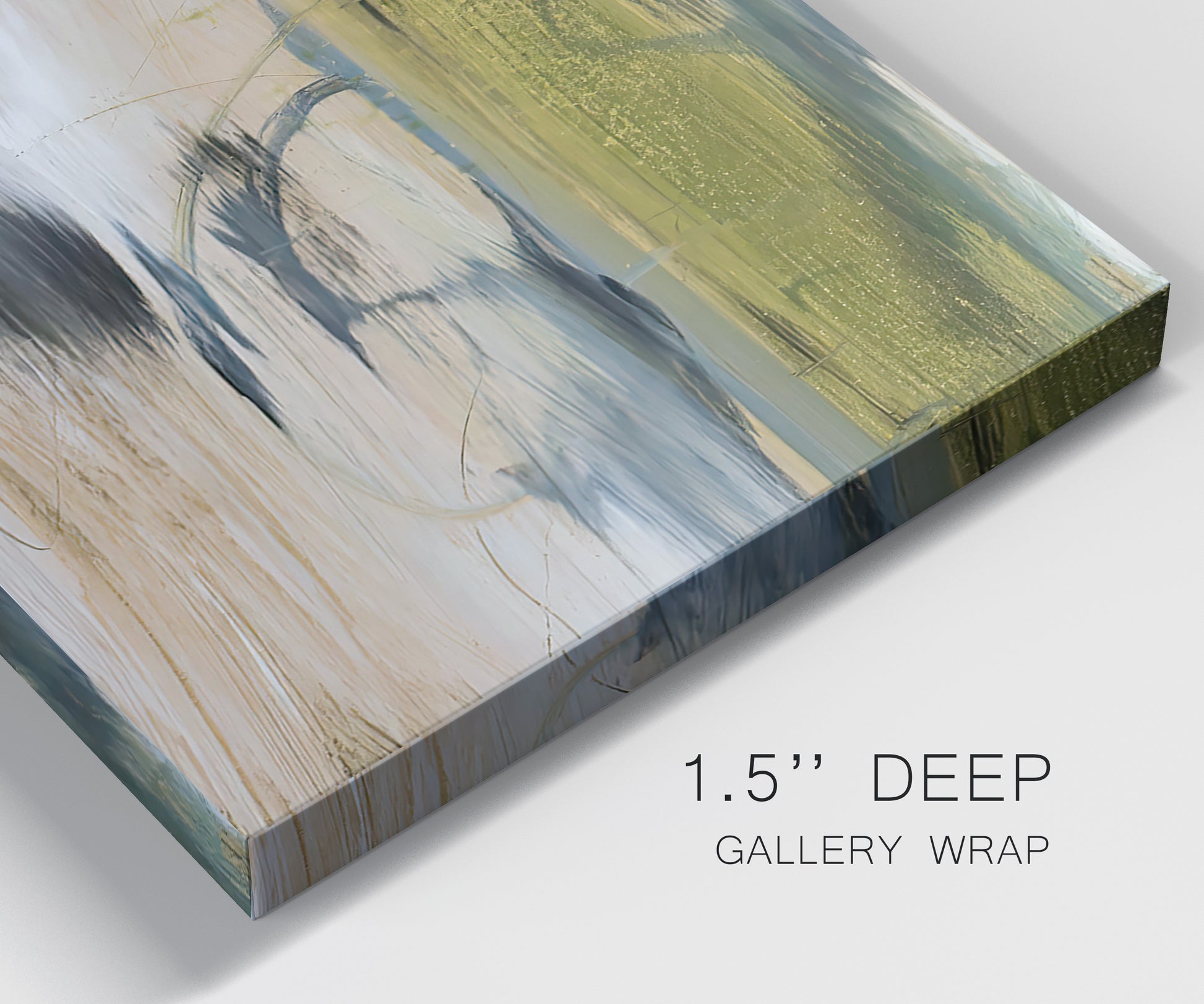 Close-up view of wrapped canvas corner featuring minimal abstract water reflections.