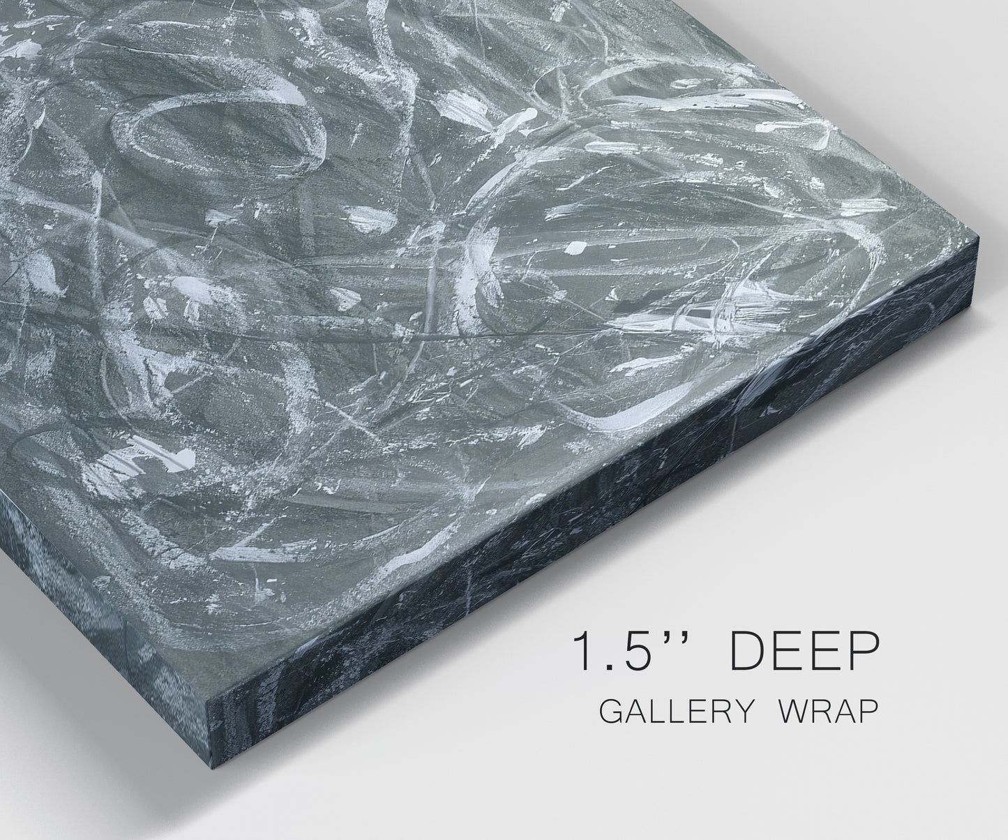 Close-up view of wrapped canvas corner featuring abstract view through window forms.