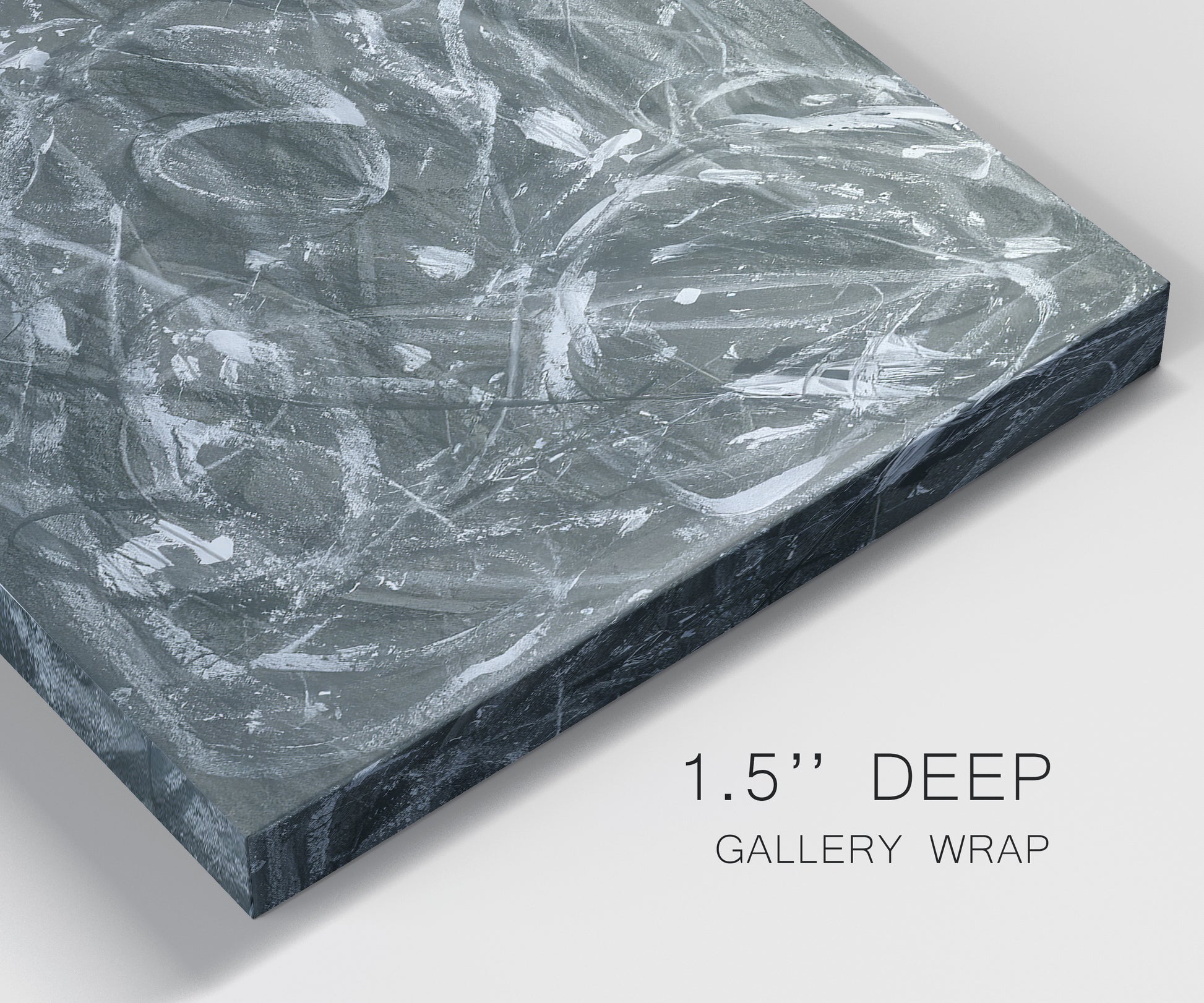Close-up view of wrapped canvas corner featuring abstract view through window forms.