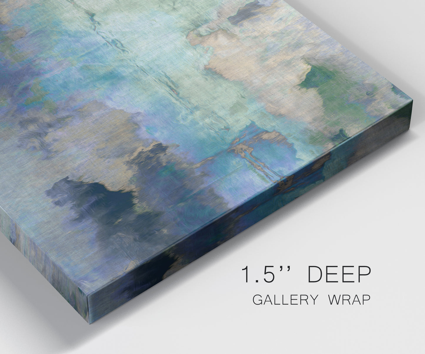 Close-up view of wrapped canvas corner featuring cool dreamy abstraction.