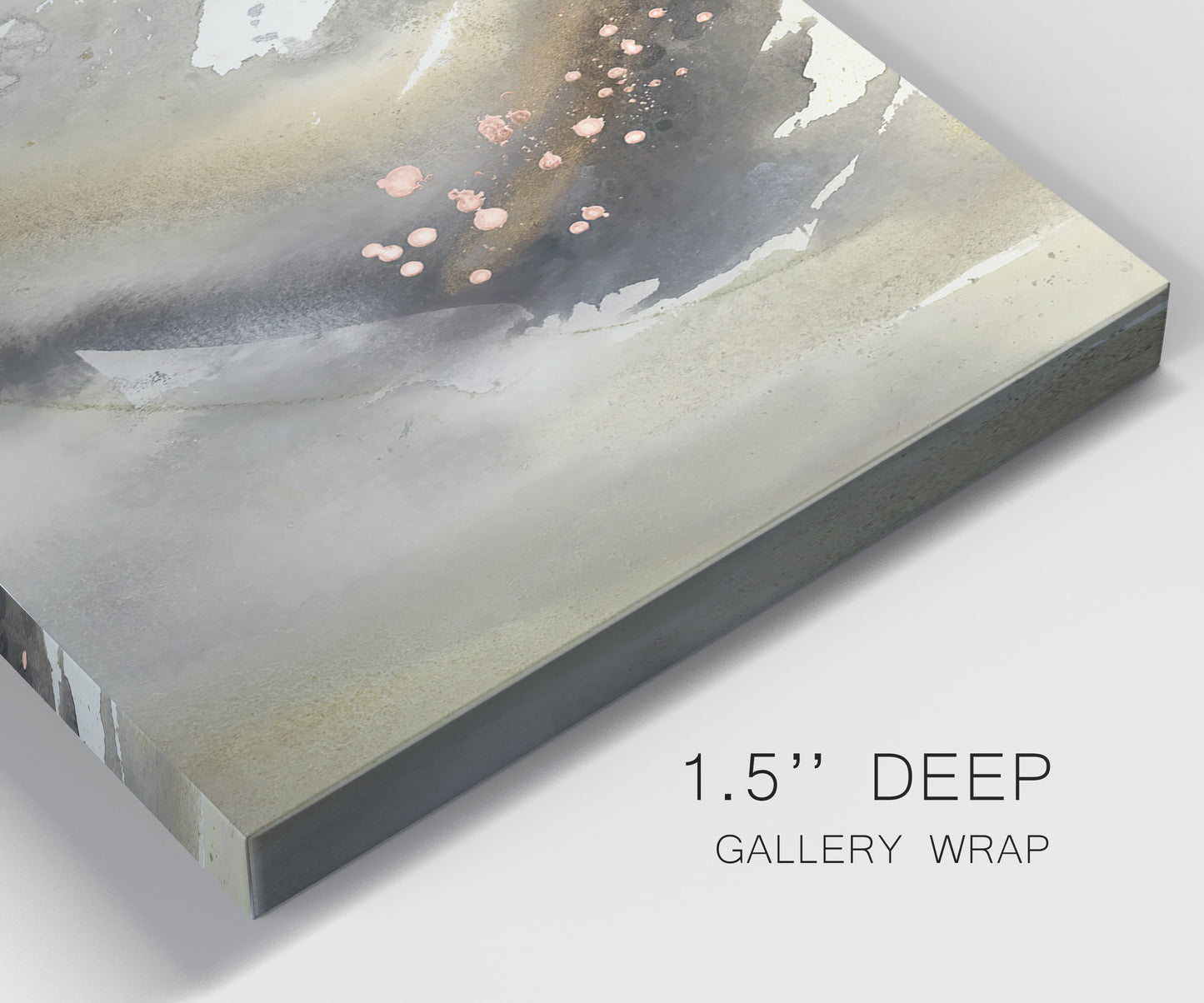 Close-up view of wrapped canvas corner featuring flowing abstract wave motion.