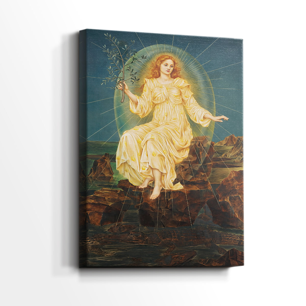 Side view of a canvas art print of a dramatic composition with light contrasting deep darkness, showing gallery-wrapped depth.