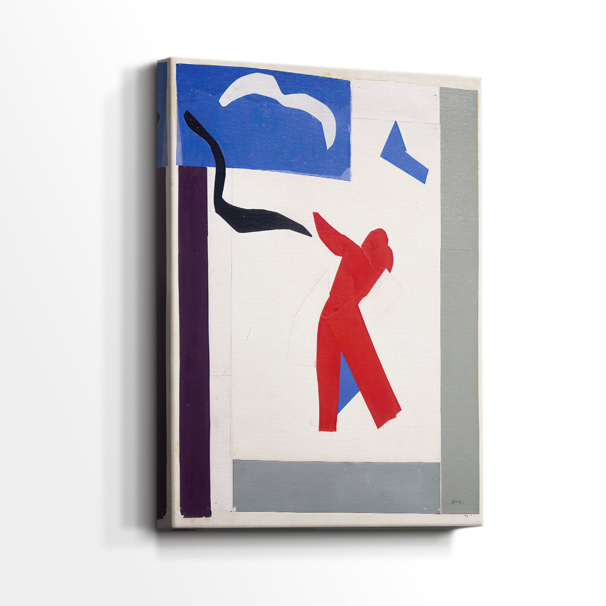 Side view of a canvas art print of a modern composition with motion captured in flat shapes, showing gallery-wrapped depth.