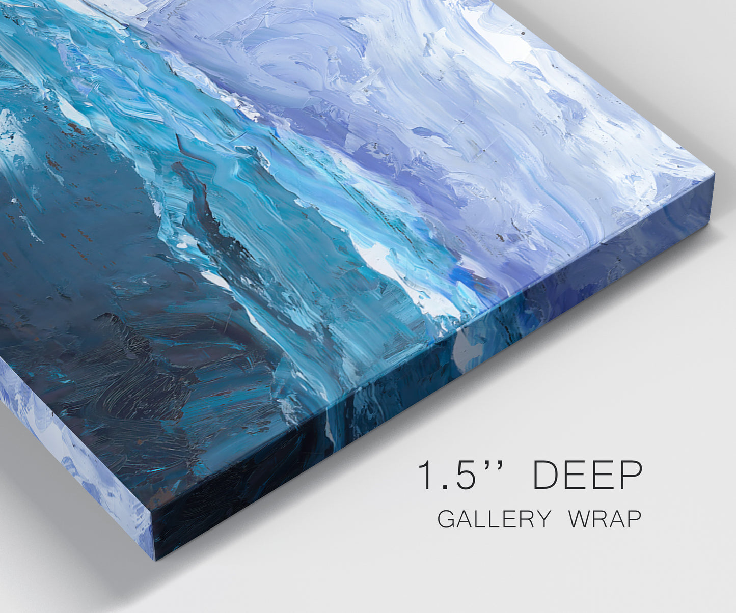 Close-up view of wrapped canvas corner featuring impressionist nautical harbor scene.
