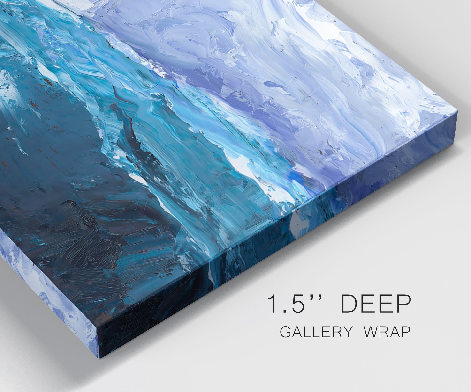 Close-up view of wrapped canvas corner featuring impressionist nautical harbor scene.