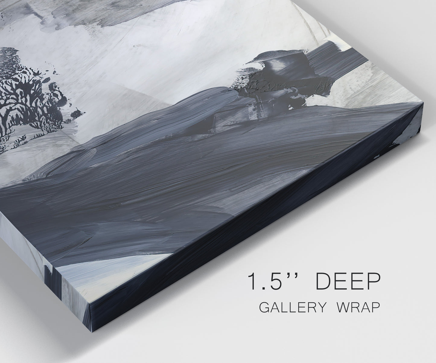 Close-up view of wrapped canvas corner featuring dark abstract atmospheric landscape.