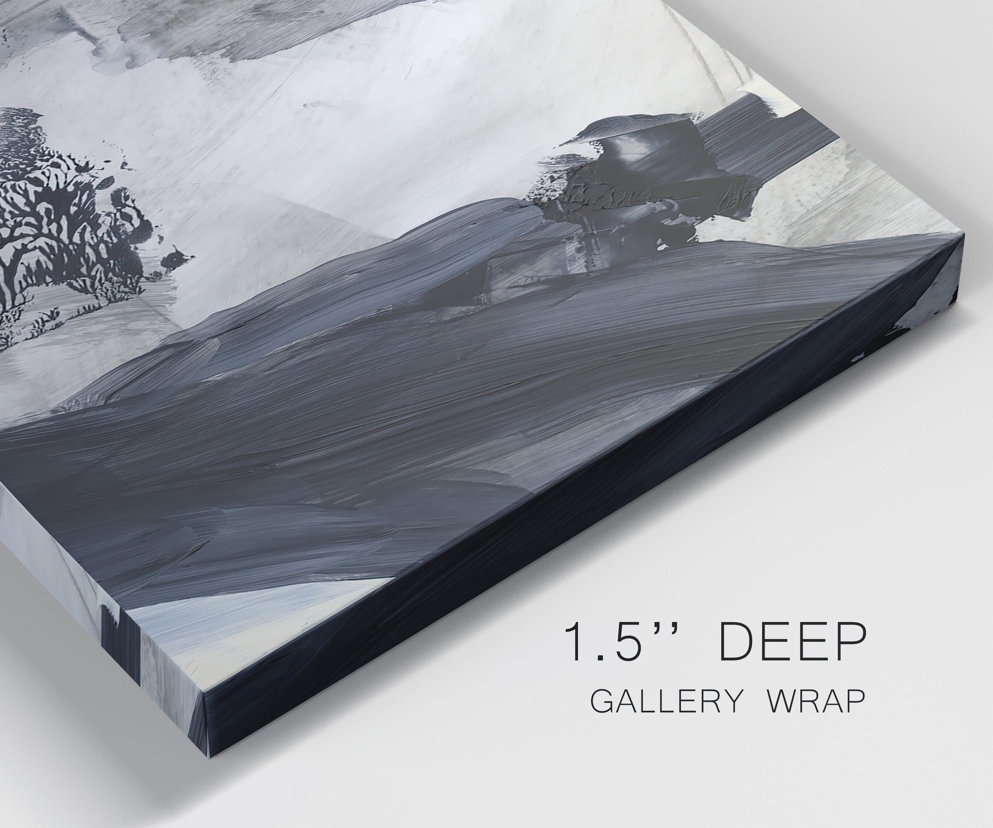 Close-up view of wrapped canvas corner featuring dark abstract atmospheric landscape.