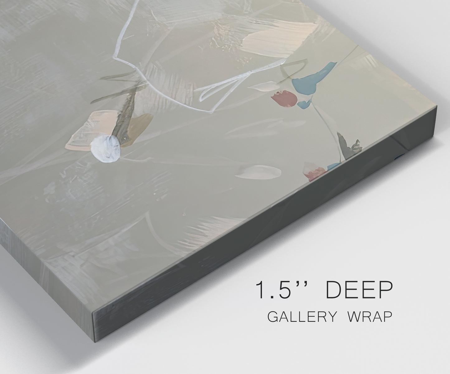 Close-up view of wrapped canvas corner featuring mid century terrazzo inspired abstraction.