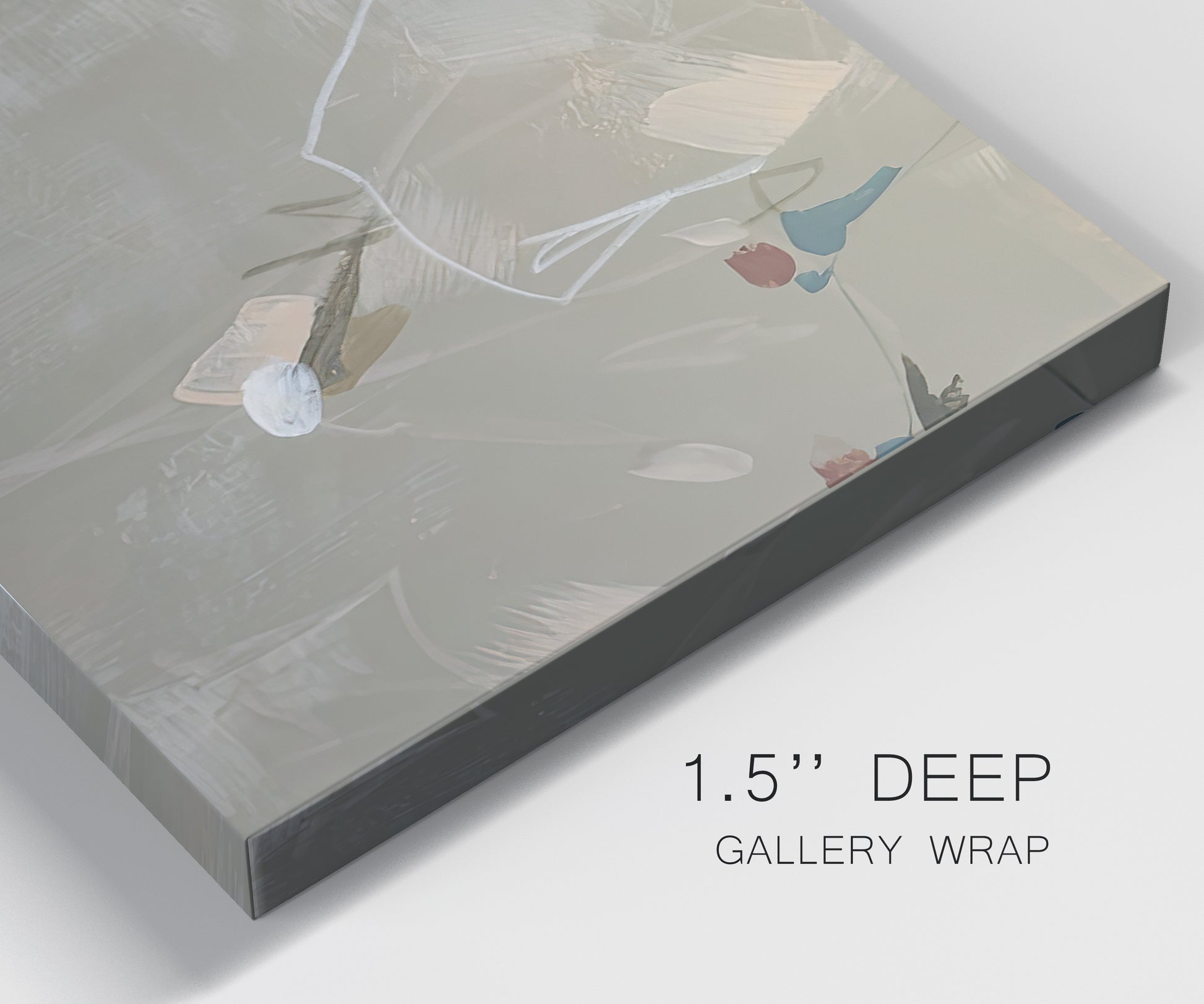 Close-up view of wrapped canvas corner featuring mid century terrazzo inspired abstraction.