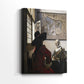 Side view of a canvas art print of a composed interaction with warm tones and detail, showing gallery-wrapped depth.