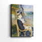 Side view of a canvas art print of a serene seaside portrait with muted tones and gentle waves, showing gallery-wrapped depth.
