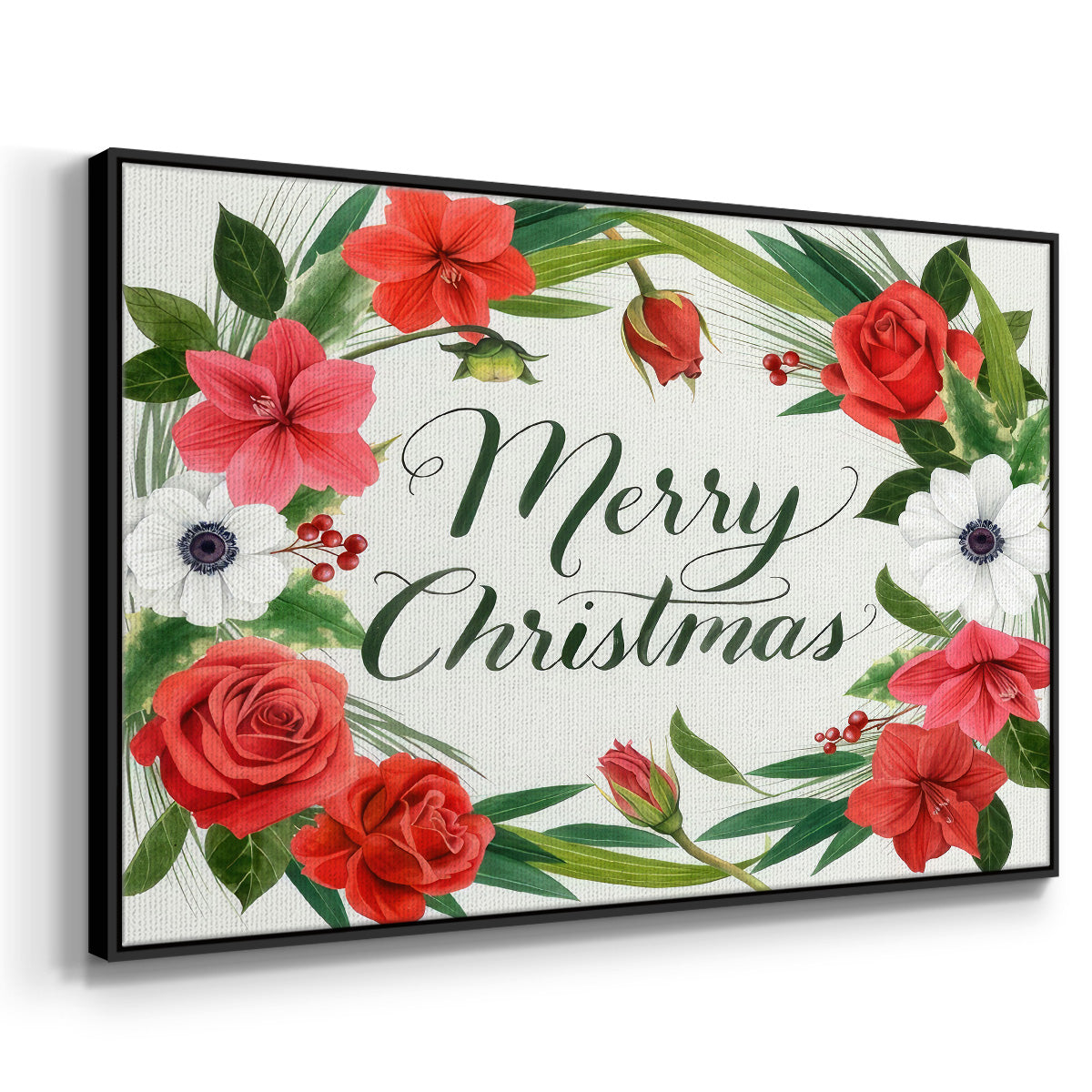 Christmas Flora Wreath Collection A - Framed Gallery Wrapped Canvas in Floating Frame