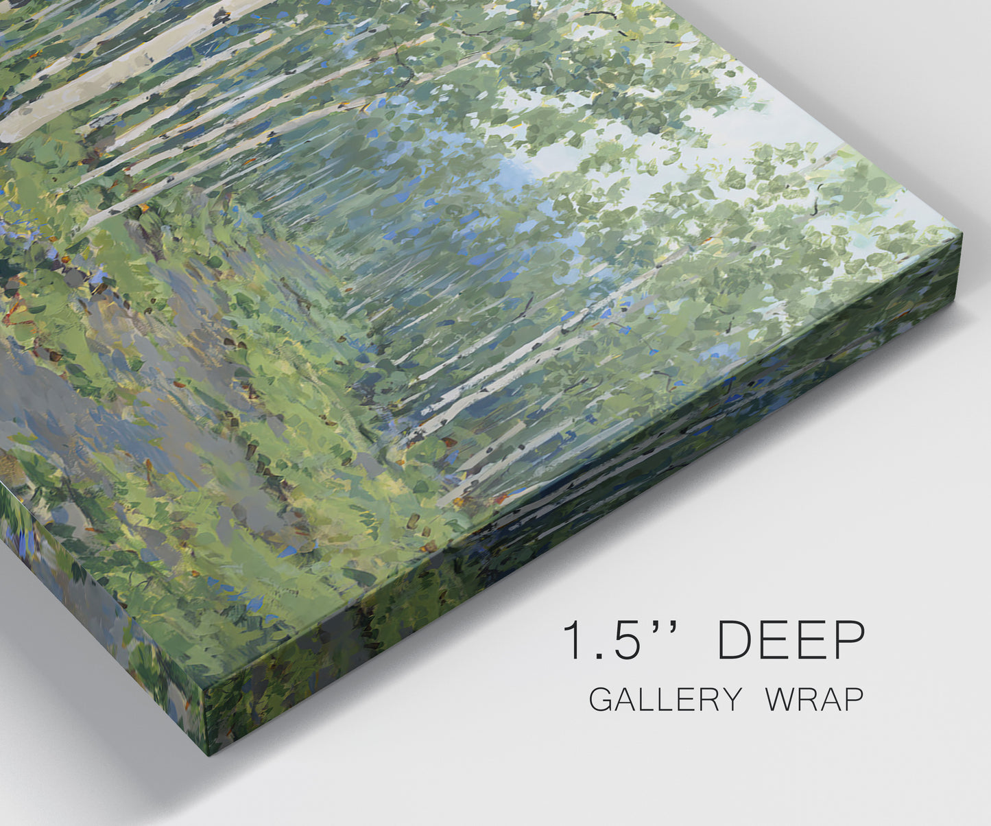 Close-up view of wrapped canvas corner featuring woodland forest scene with tall trees.