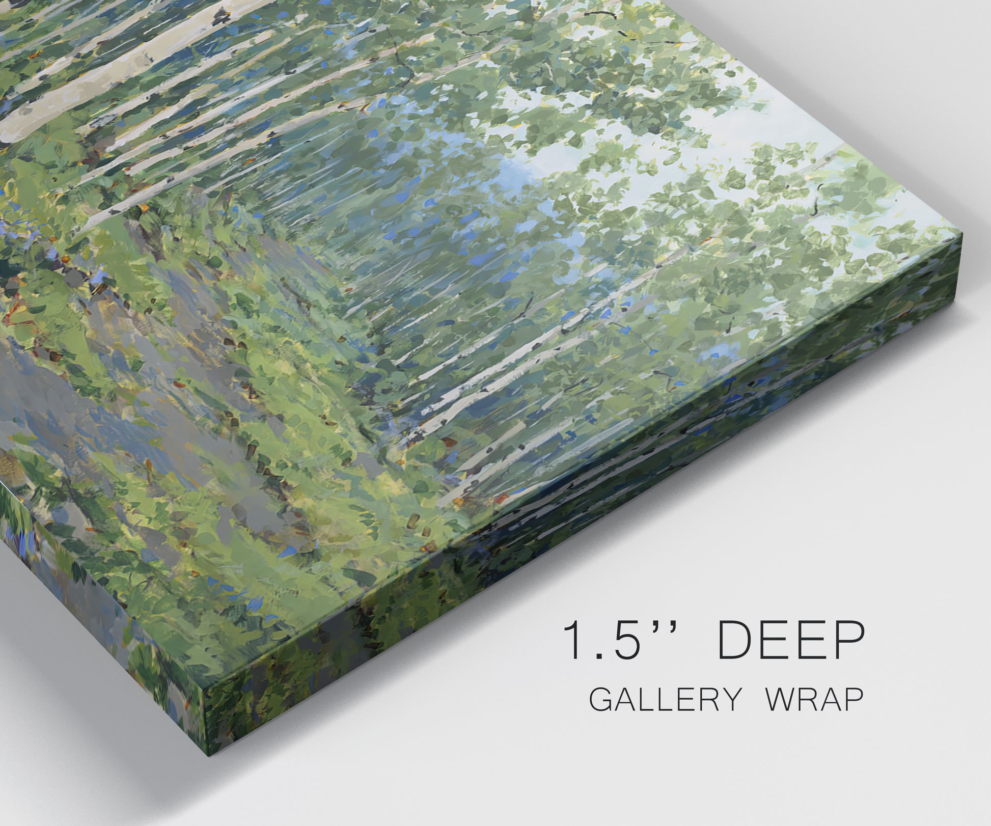 Close-up view of wrapped canvas corner featuring woodland forest scene with tall trees.