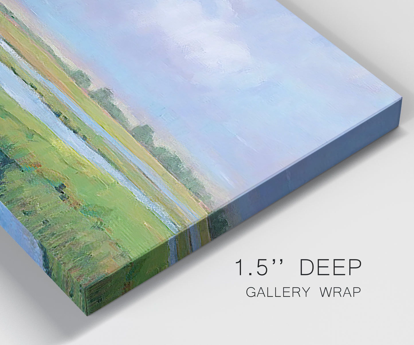 Close-up view of wrapped canvas corner featuring summer marshland with tall grasses.