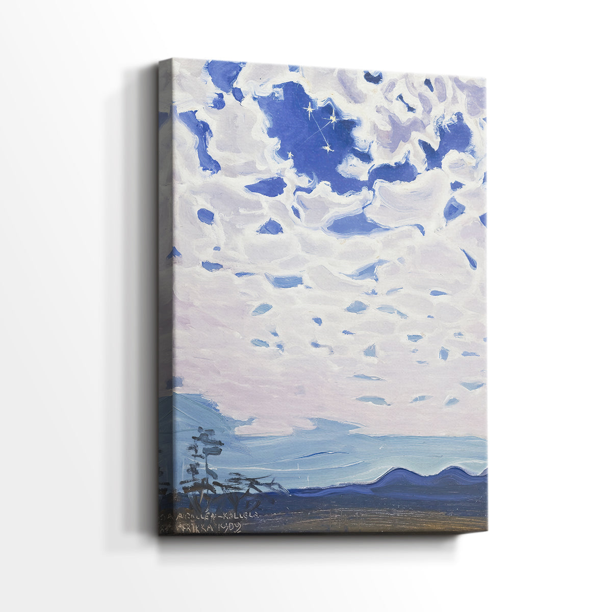 Side view of a canvas art print of a dramatic cloudscape under a bright night sky with visible stars, showing gallery-wrapped depth.