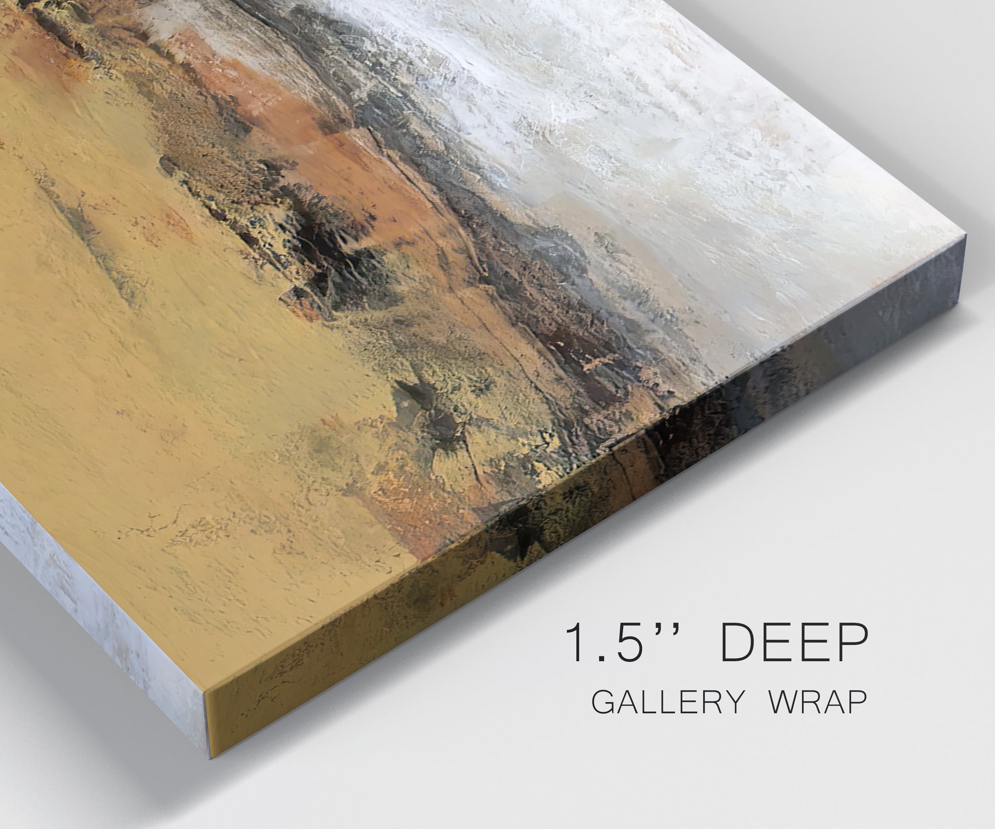 Close-up view of wrapped canvas corner featuring abstract bridge landscape in ochre.