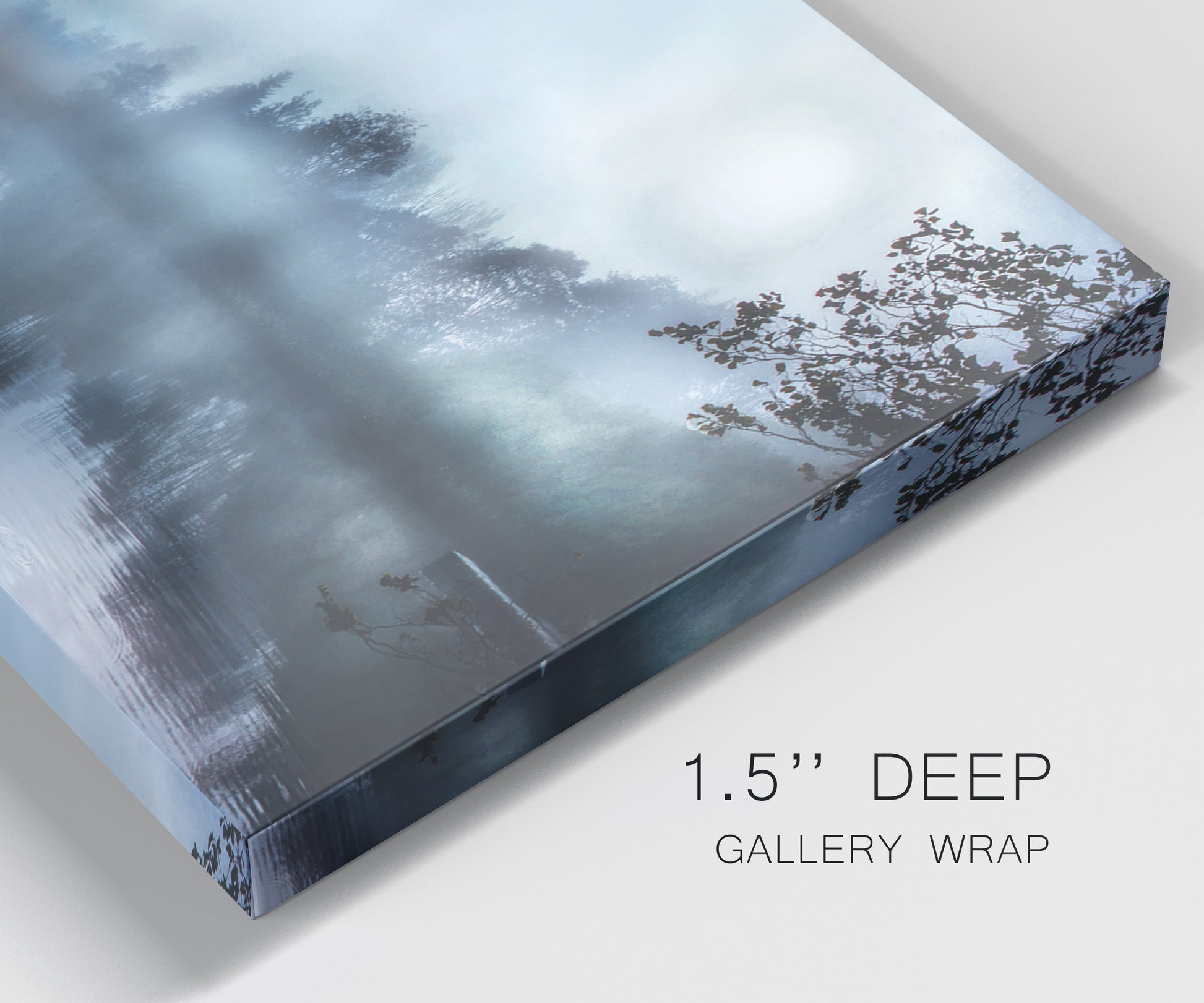 Close-up view of wrapped canvas corner featuring calm waters at sunrise photograph.