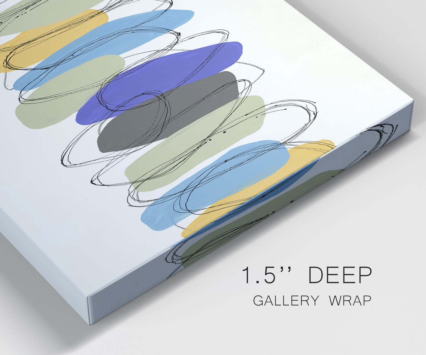 Close-up view of wrapped canvas corner featuring minimalist geometric abstract spacing.