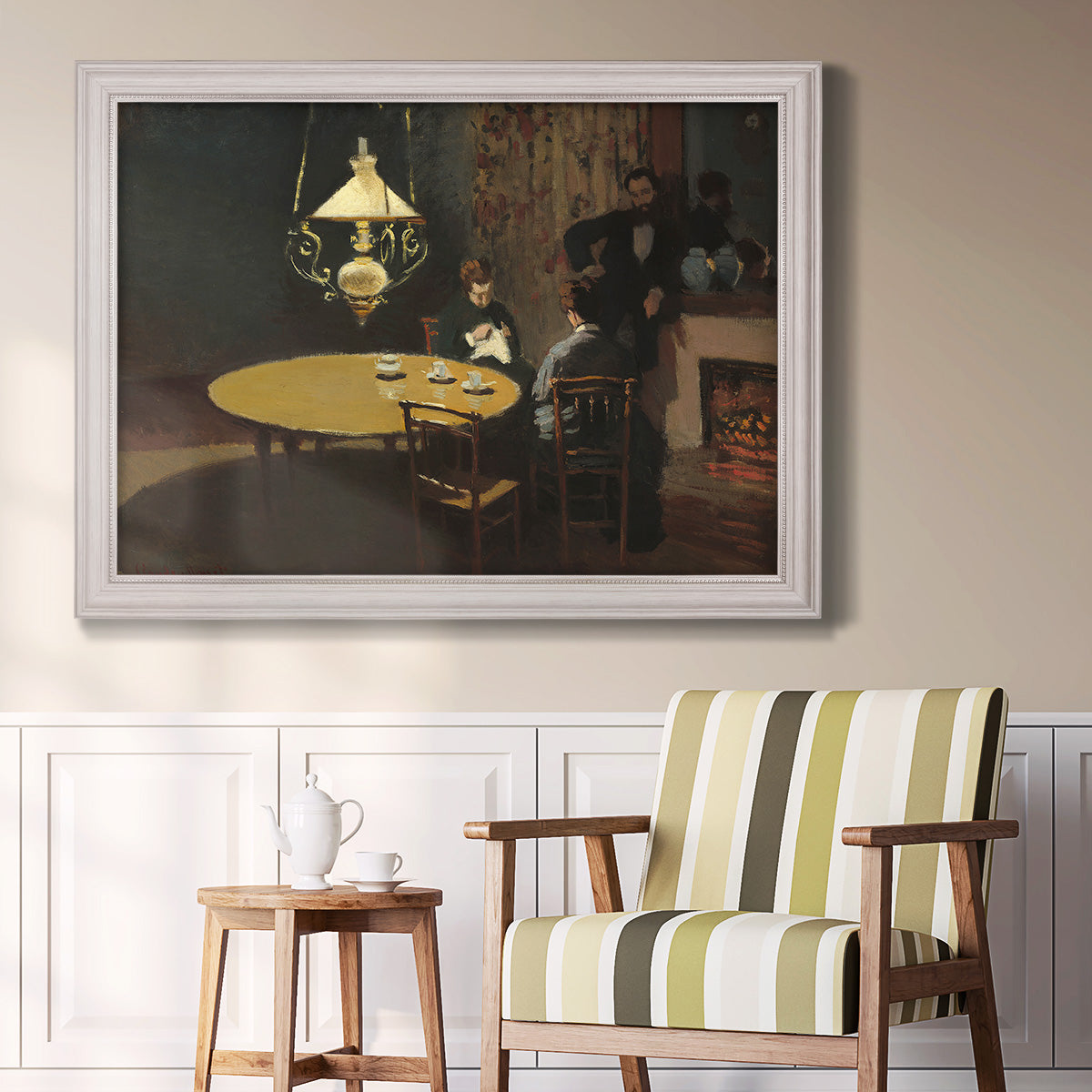 Impressionist domestic interior scene by Claude Monet in an ornate weathered white frame displayed in a light-toned interior setting.