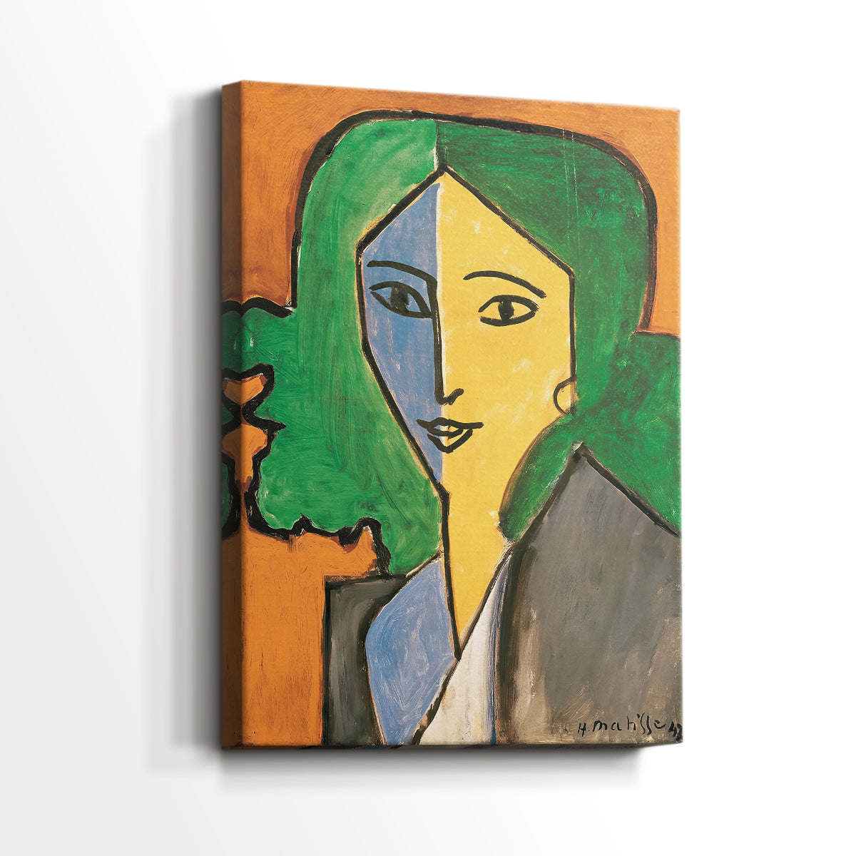 Side view of a canvas art print of a flat composition with strong outlines and contrast, showing gallery-wrapped depth.