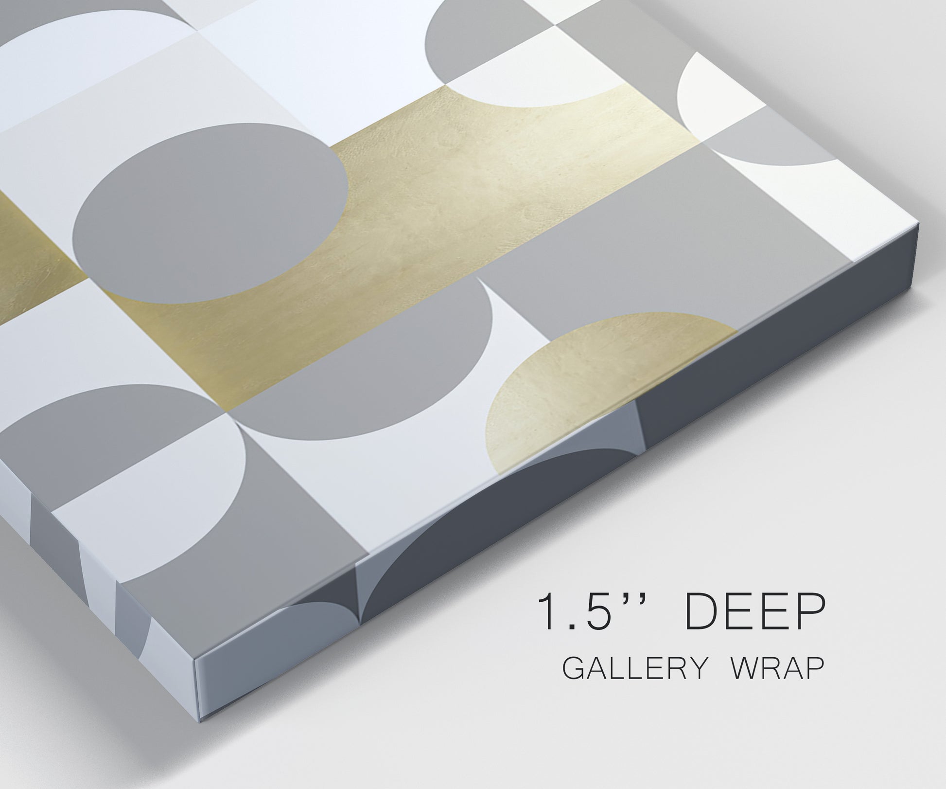 Close-up view of wrapped canvas corner featuring geometric gold abstract reflections.