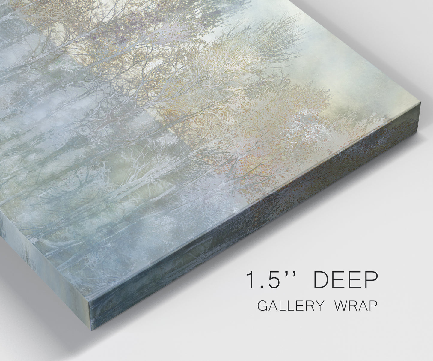 Close-up view of wrapped canvas corner featuring abstract river reflections.