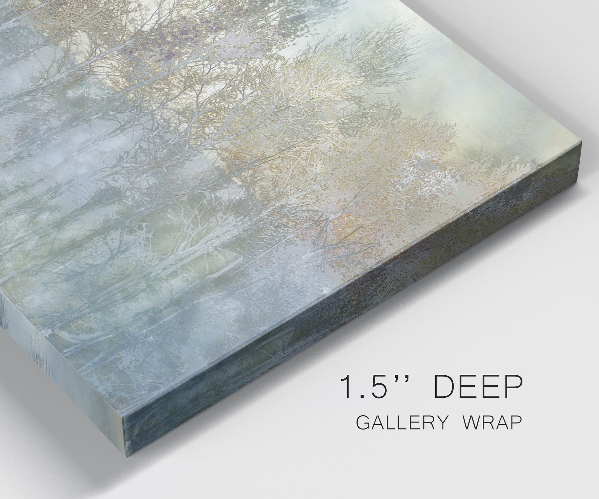 Close-up view of wrapped canvas corner featuring abstract river reflections.