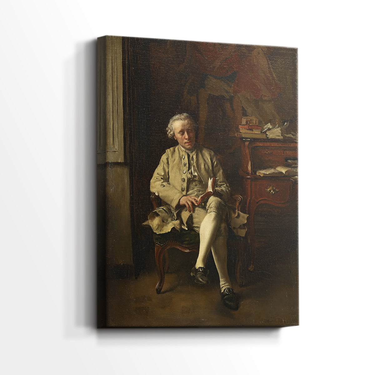 Side view of a canvas art print of a contemplative interior scene with soft shadow and light, showing gallery-wrapped depth.