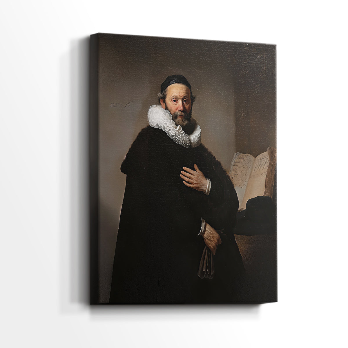 Side view of a canvas art print of a refined portrait with gentle contrast and minimal background, showing gallery-wrapped depth.