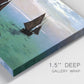 Close-up view of wrapped canvas corner featuring fishing boats moving through open sea.