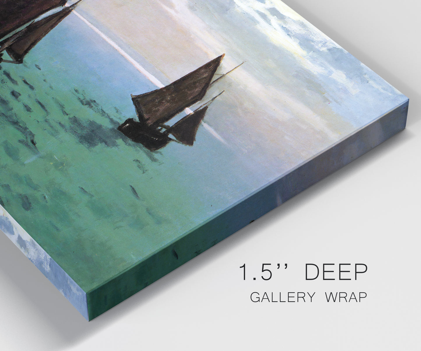 Close-up view of wrapped canvas corner featuring fishing boats moving through open sea.