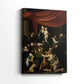 Side view of a canvas art print of a devotional scene with rich tones and deep shadows, showing gallery-wrapped depth.