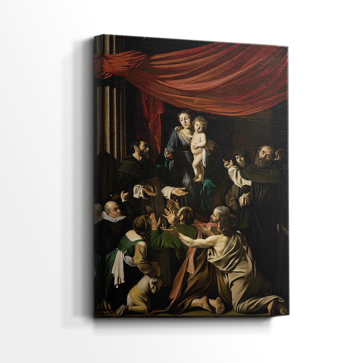 Side view of a canvas art print of a devotional scene with rich tones and deep shadows, showing gallery-wrapped depth.
