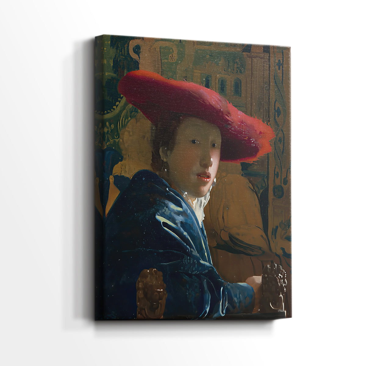 Side view of a canvas art print of a refined portrait with striking color and simple background, showing gallery-wrapped depth.