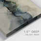 Close-up view of wrapped canvas corner featuring calm abstract water surface stillness.