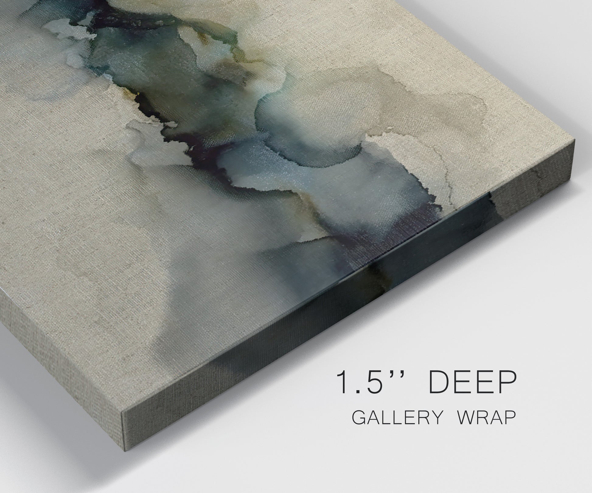 Close-up view of wrapped canvas corner featuring calm abstract water surface stillness.