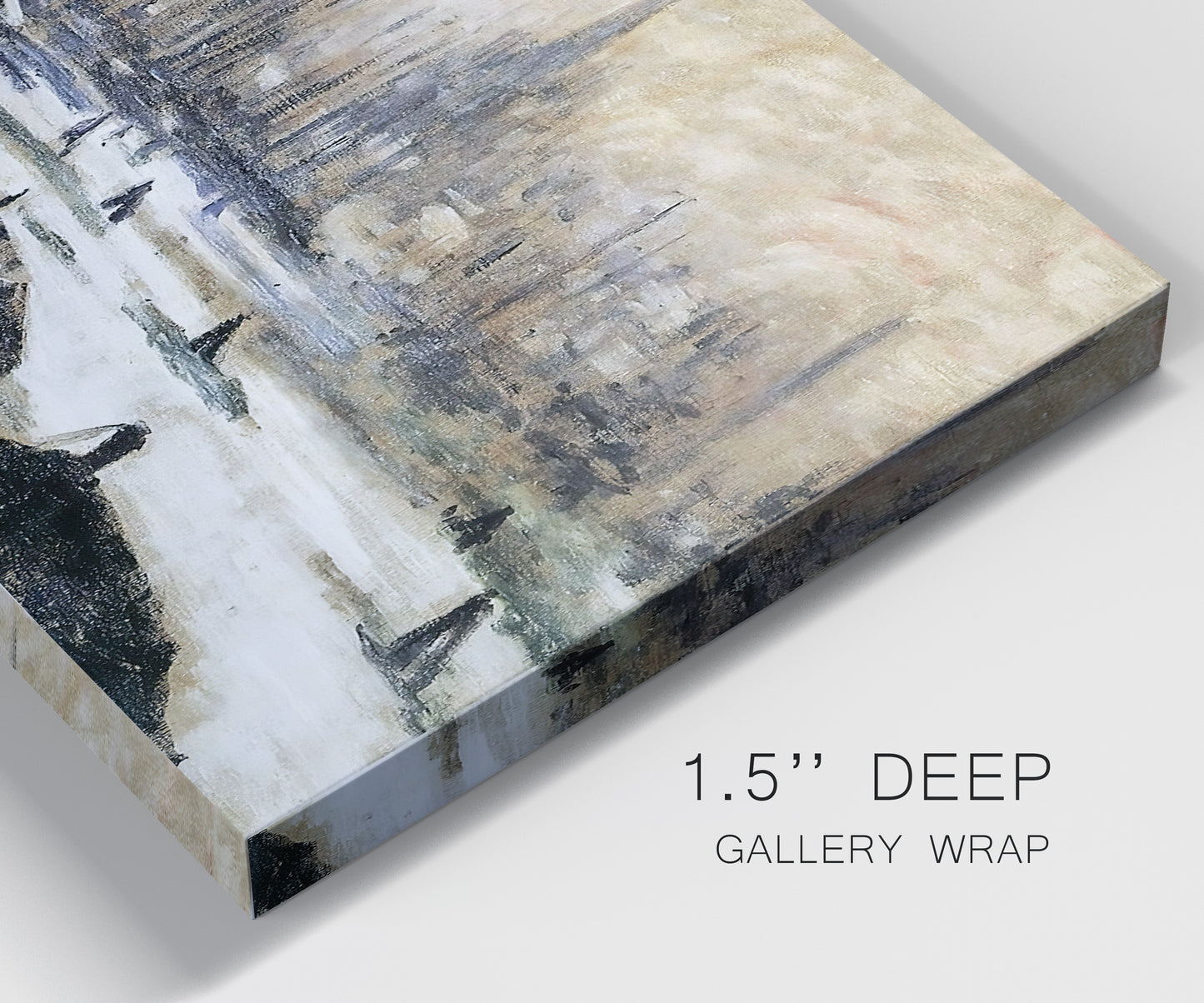 Close-up view of wrapped canvas corner featuring snowy village road in winter.