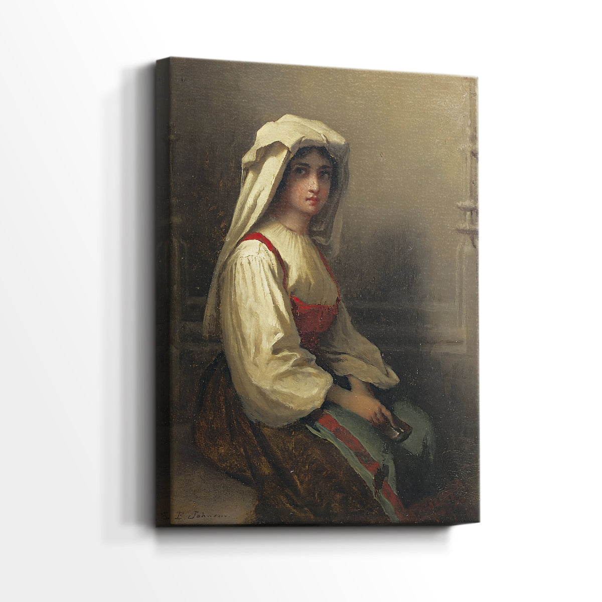Side view of a canvas art print of a traditional portrait with relaxed pose and natural detail, showing gallery-wrapped depth.