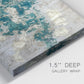 Close-up view of wrapped canvas corner featuring layered mineral abstract textures.